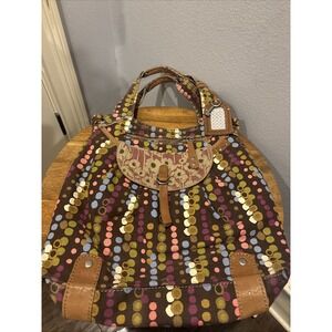 FOSSIL Vintage Canvas & Genuine Leather Boho Purse Shoulder Bag~Large~Key Charm